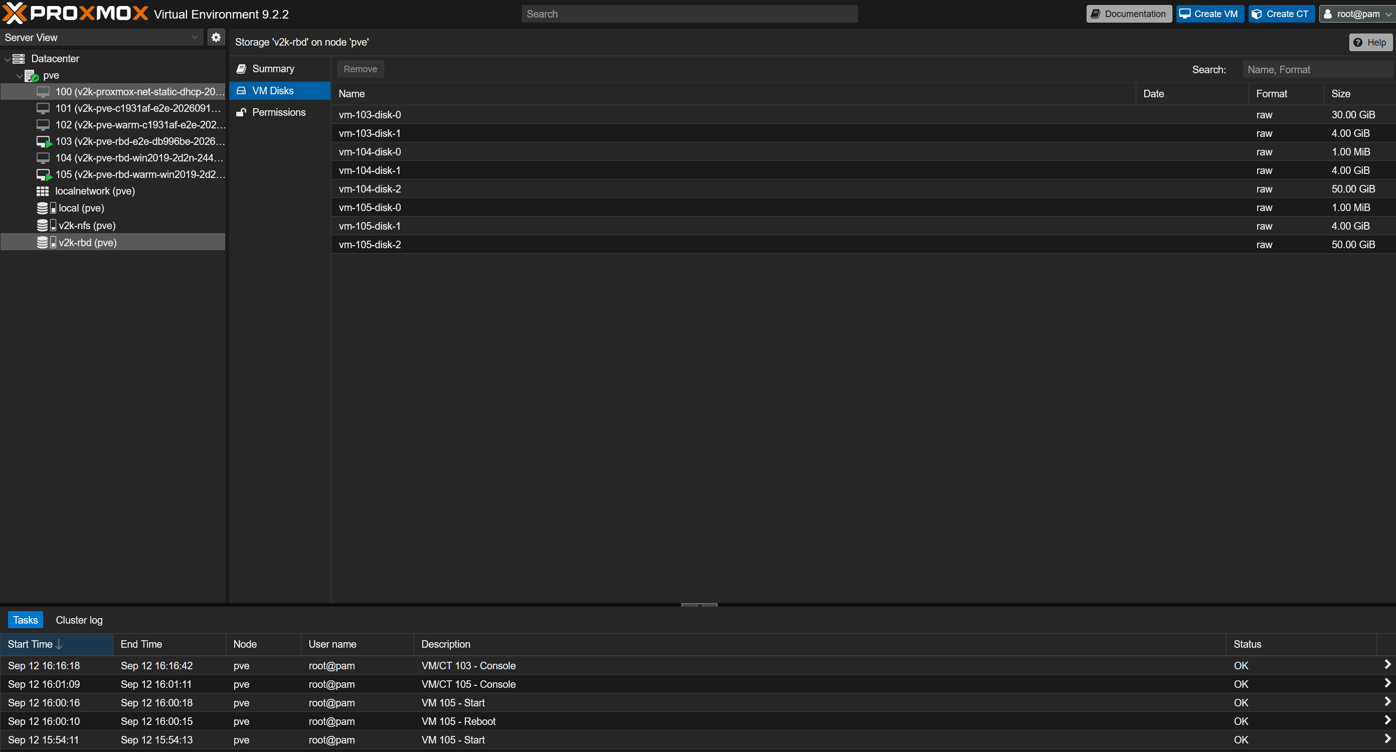 Proxmox VE RBD storage showing RAW images allocated for migrated virtual machines