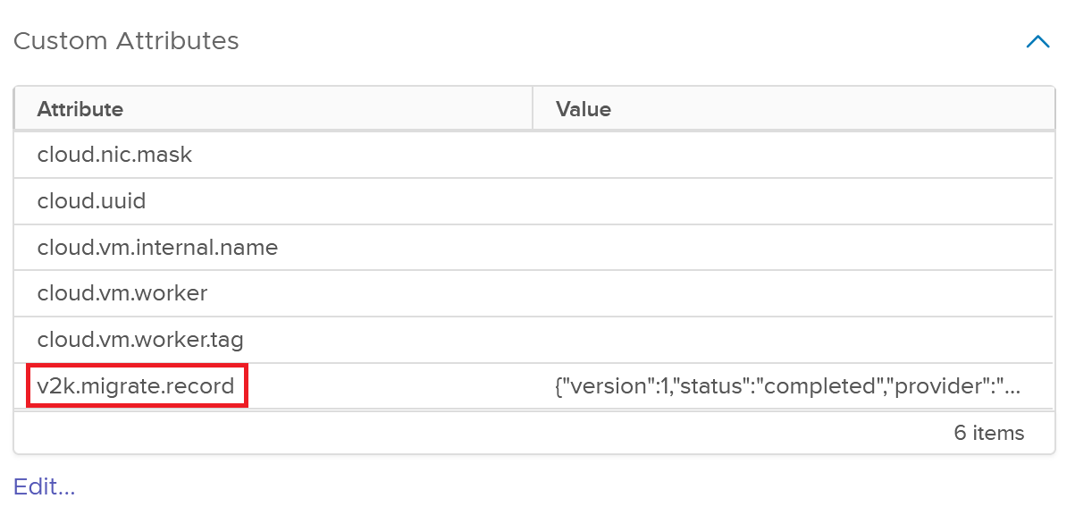 vSphere Custom Attributes panel showing the V2K migration recovery record